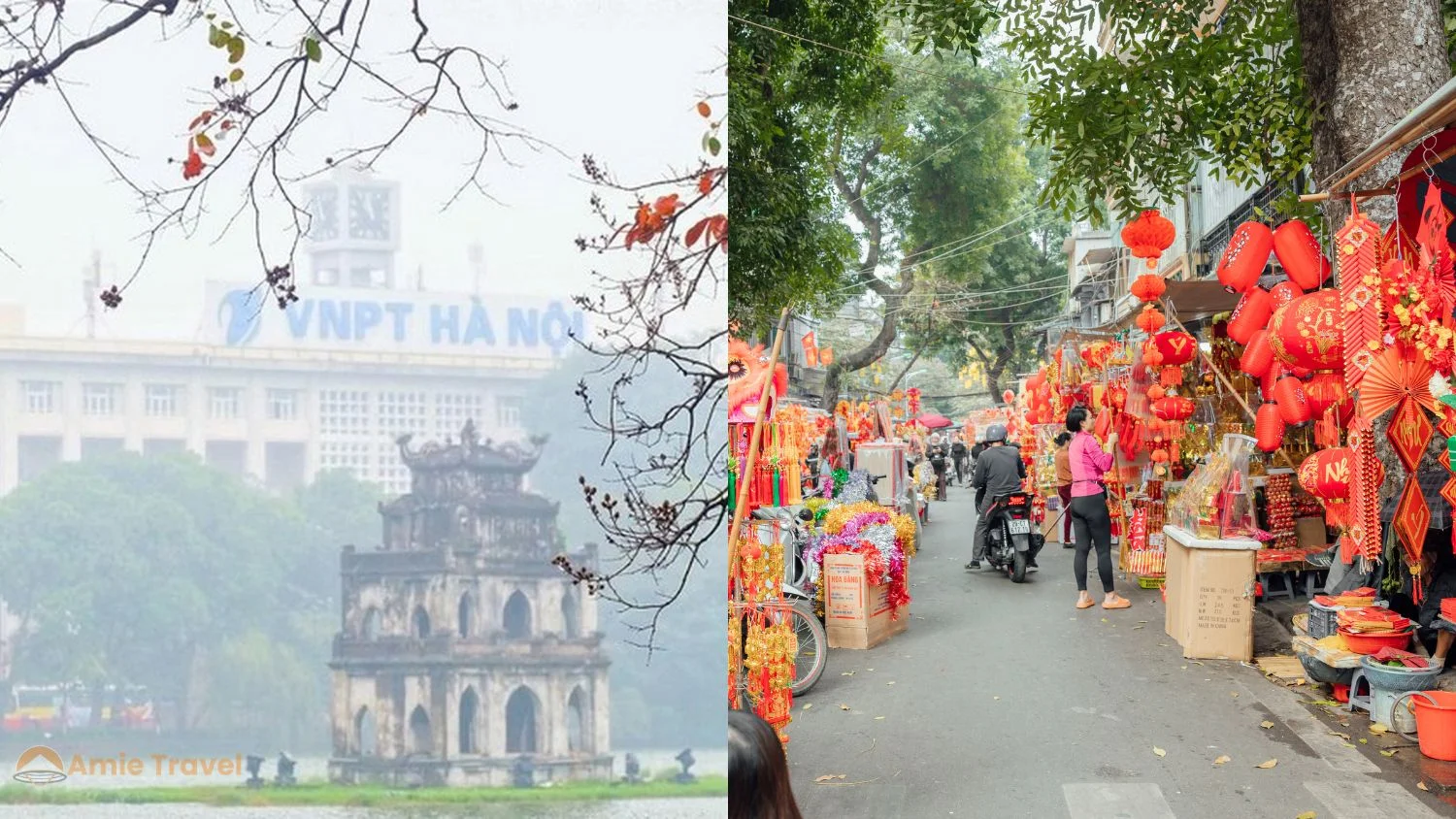 Hang Ma Street in Hanoi Old Quarter decorated with
red and gold Tet lanterns and decorations in late
January before Lunar New Year 2027