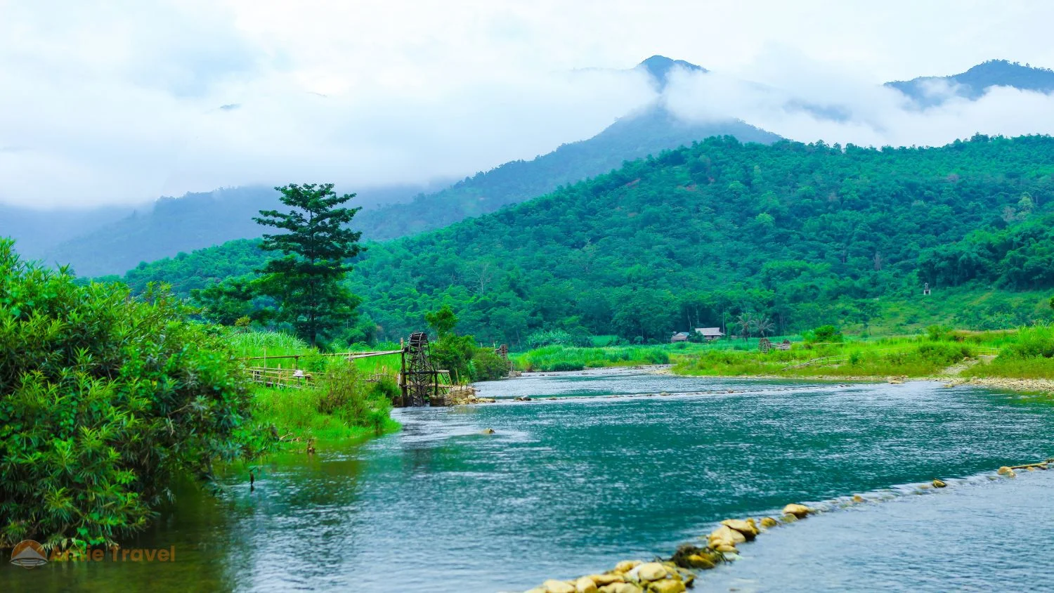 Pu Luong Nature Reserve January morning cloud valley
between limestone karst ridges Thanh Hoa province
Vietnam White Thai stilt houses winter quiet season
