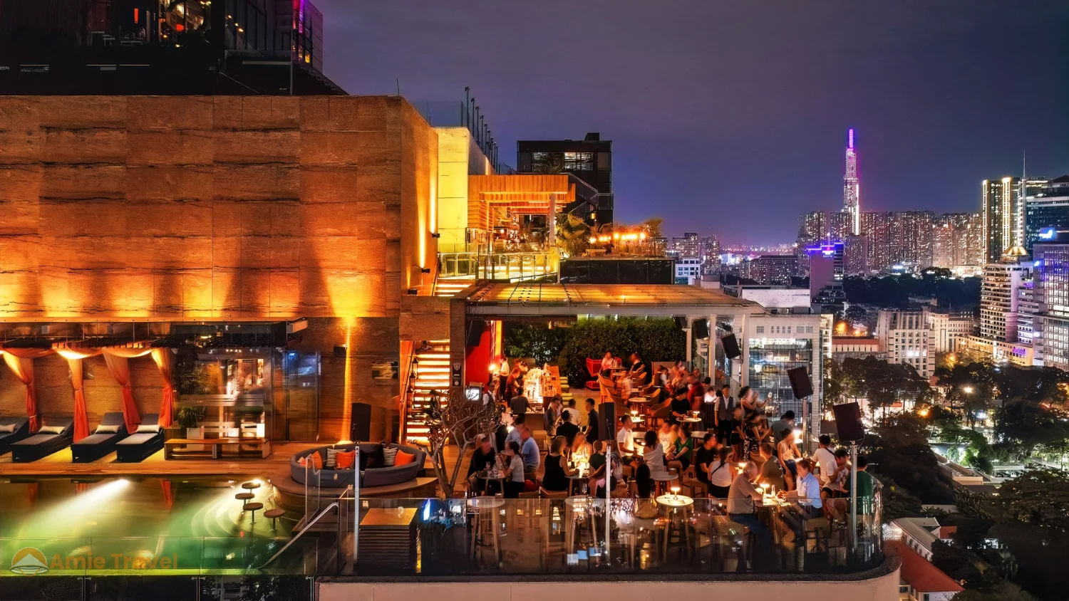 rooftop bar Ho Chi Minh City dry season evening Saigon River city lights