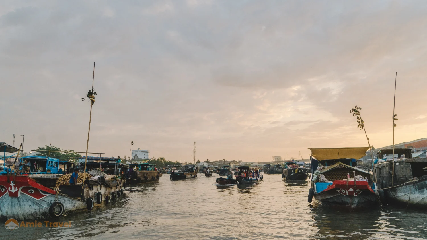Mekong Delta rainy season high water floating market boats