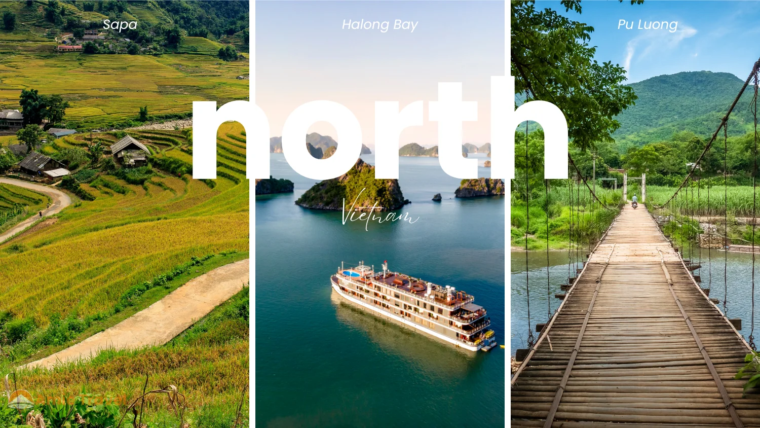 North Vietnam October golden season Sapa rice terraces harvest, Ha Long Bay clear limestone karsts calm water blue sky, Pu Luong golden harvest